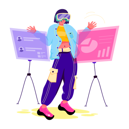 Woman exploring analytics using VR glasses  Illustration