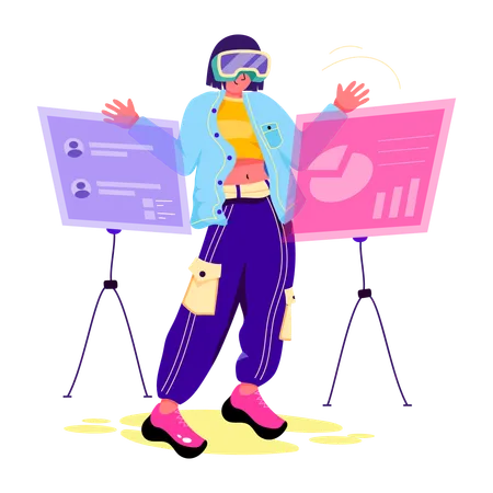 Woman exploring analytics using VR glasses  Illustration