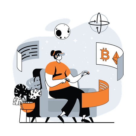 Woman exploring cryptocurrencies in VR world Illustration