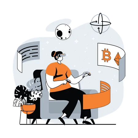 Woman exploring cryptocurrencies in VR world Illustration