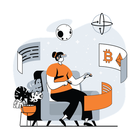 Woman exploring cryptocurrencies in VR world  Illustration