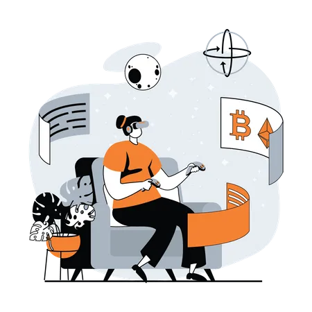 Woman exploring cryptocurrencies in VR world  Illustration