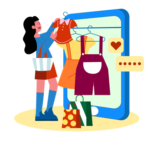 Woman Exploring Fashion Items on Mobile  Illustration