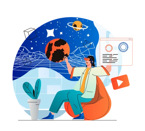 Cyberspace Concept In Modern Flat Design Woman Explores Galaxy And Planets In Galaxy Simulation Using VR Headset Innovation Interactive Education Virtual Augmented Reality Vector Illustration Illustration