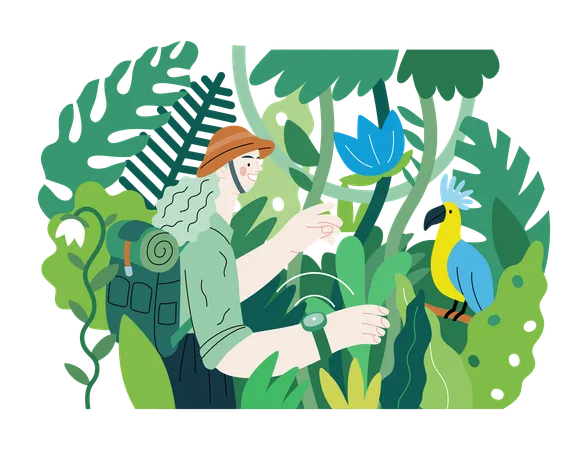 Greenery Ecology Modern Flat Vector Concept Illustration Of A Woman Exploring The Jungle And A Wild Bird In A Tree Metaphor Of Environmental Sustainability And Protection Closeness To Nature Illustration