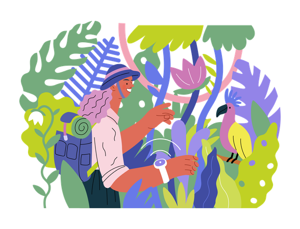Woman exploring jungle and wild bird in tree  Illustration
