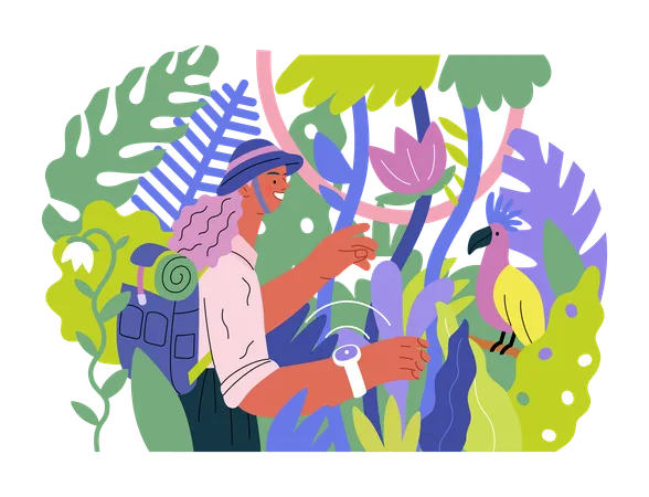 Woman exploring jungle and wild bird in tree  Illustration