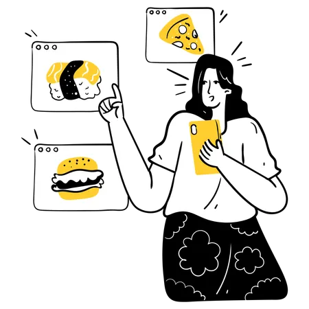 Woman exploring online menu  Illustration