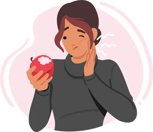 Female Character Grimacing With A Hand On Her Cheek Holding An Apple Woman Expressing Pain From Toothache Seeking Relief And Need For Dentistry Treatment Cartoon People Vector Illustration Illustration