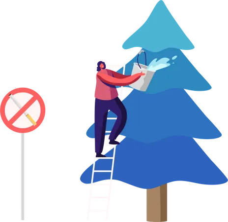 Volunteer Woman Extinguish Big Fire Spraying Water From Bucket On Burning Fir Tree With Prohibited Smoking Sign Environment Protection Nature Ecology Saving Concept Cartoon Flat Vector Illustration イラスト
