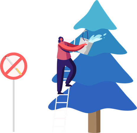 Woman Extinguish Burning Fir-Tree  Illustration
