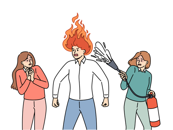 Woman extinguishes fire in husband's mind  Illustration