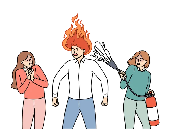 Woman extinguishes fire in husband's mind  Illustration