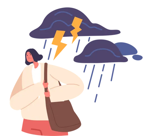 Woman Under A Dark Cloud With Lightning Represents Facing Challenges And Difficulties It Symbolizes Being In A Tough Situation And Dealing With Unforeseen Problems Cartoon People Vector Illustration 일러스트레이션