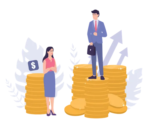 Business Sexism Concept Gender Gap And Unequal Payment Businessman And Businesswoman On Piles Of Coins Unfair And Career Problem Of Woman Isolated Vector Illustration Illustration