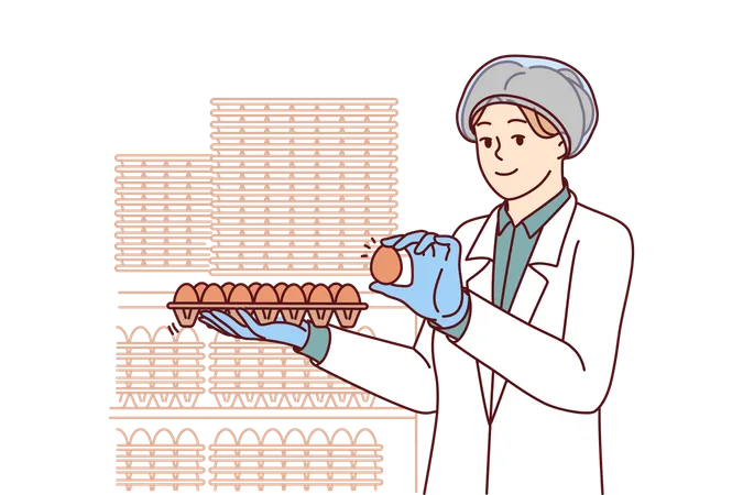Woman Factory Worker Holds Chicken Eggs While Checking Finished Product For Compliance With Quality Standards Young Girl Factory Technologist In White Coat Works In Food Industry Illustration