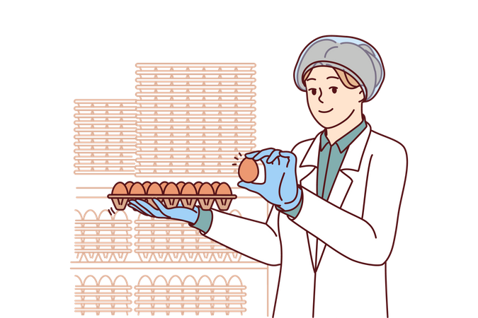 Woman factory worker holds chicken eggs while checking finished product for quality  Illustration