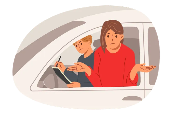 Woman failed driver license test and shrugs as looks out of car with disgruntled instructor  Illustration