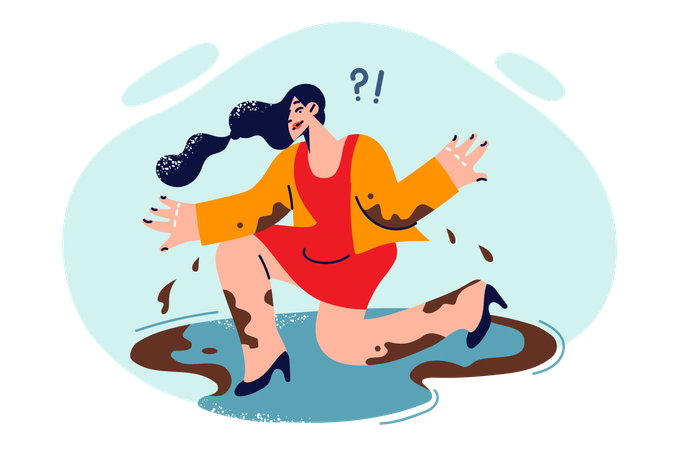 Woman fallen into puddle during rain  Illustration