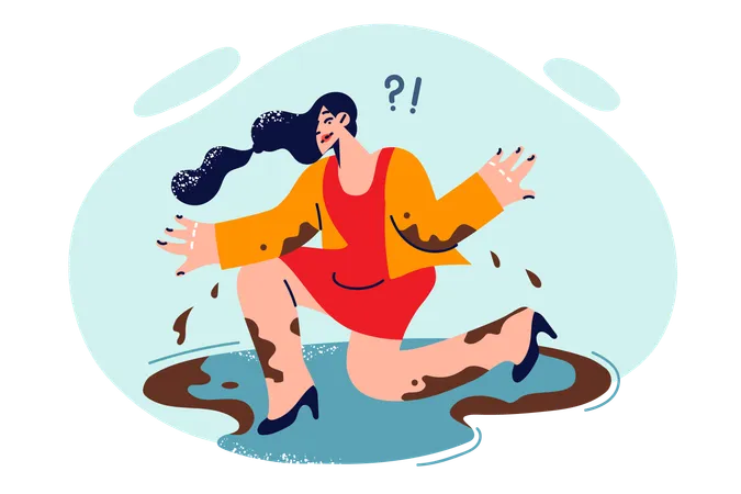 Woman fallen into puddle during rain  Illustration