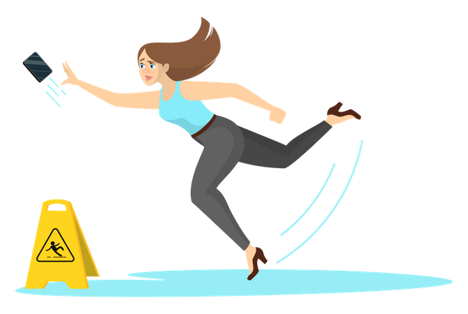 Woman falling on wet floor  Illustration