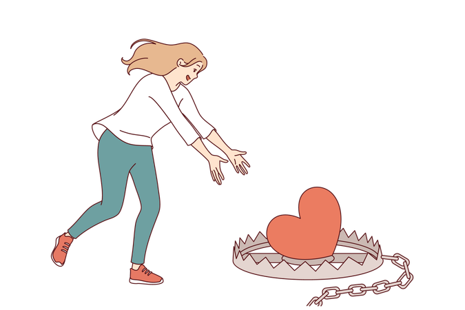 Woman falls into romantic trap when she runs up to mantrap with heart-shaped bait  Illustration