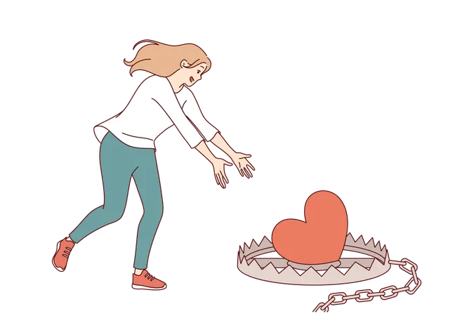 Woman falls into romantic trap when she runs up to mantrap with heart-shaped bait  Illustration