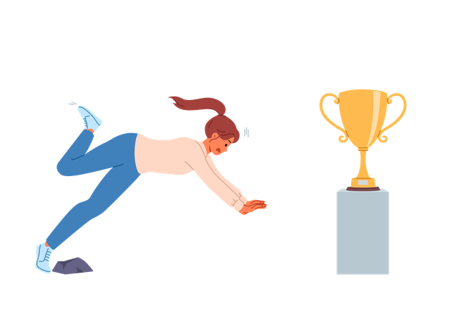 Woman falls on path to success and fails in desire to get golden cup symbolizing leadership  Illustration