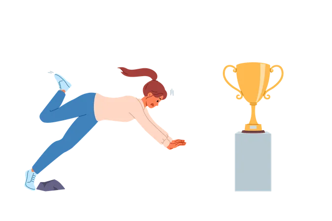 Woman falls on path to success and fails in desire to get golden cup symbolizing leadership  Illustration