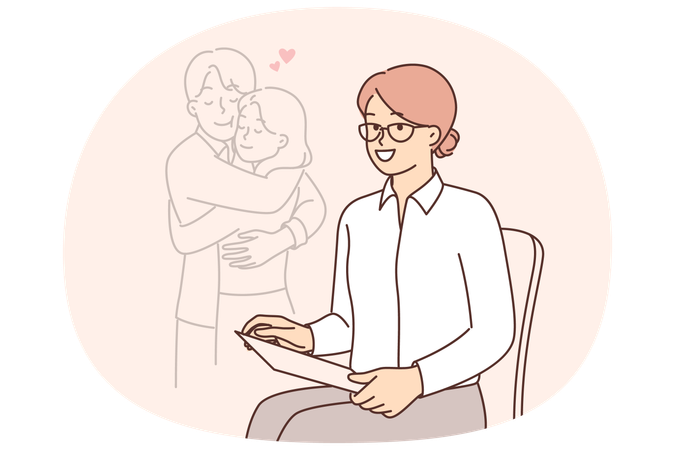Woman family psychologist sits near embracing couple after session of joint psychotherapy  Illustration