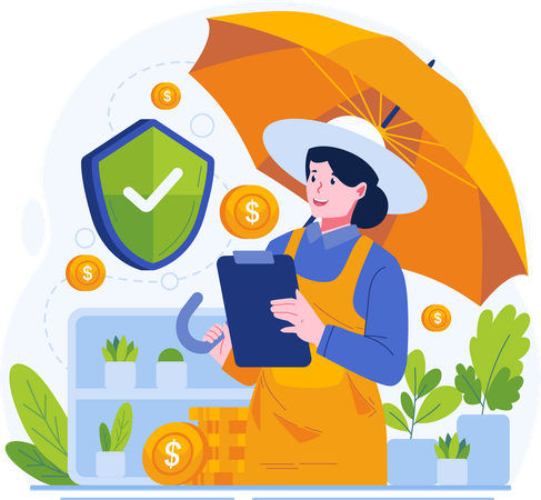 Woman Farmer Holding an Umbrella and Insurance Policy Paper Document  Illustration