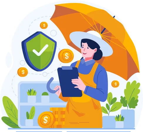 Agricultural Insurance Concept Illustration A Woman Farmer Holding An Umbrella And Insurance Policy Paper Document Illustration