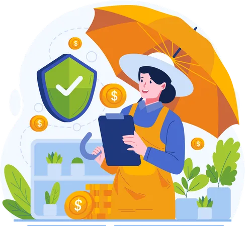 Woman Farmer Holding an Umbrella and Insurance Policy Paper Document  Illustration