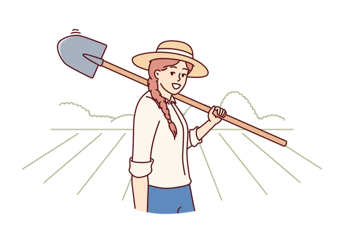 Woman Farmer With Shovel To Prepare Land For Planting Seeds Or Digging Up Crop Girl Farmer Holding Shovel And Smiling Looks At Screen Working Enjoying Working In Agricultural Business Illustration