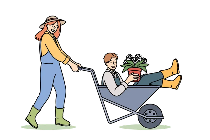 Woman farmer pushes man inside cart enjoying good atmosphere in agro company team  Illustration