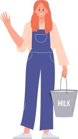 Young Woman Farmer Dairy Farm Female Worker Cartoon Character Standing With Milk Natural Product In Steel Bucket Isolated On White Background Happy Milkmaid Doing Farming Job Vector Illustration イラスト
