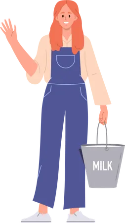 Woman farmer standing with milk bucket  Illustration