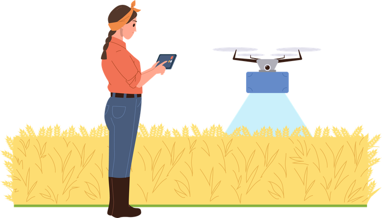 Woman farmer using remote controlled drone system irrigate field  Illustration