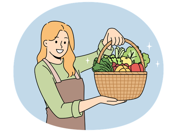 Woman farmer with basket full of vegetables recommends eating natural organic food  Illustration