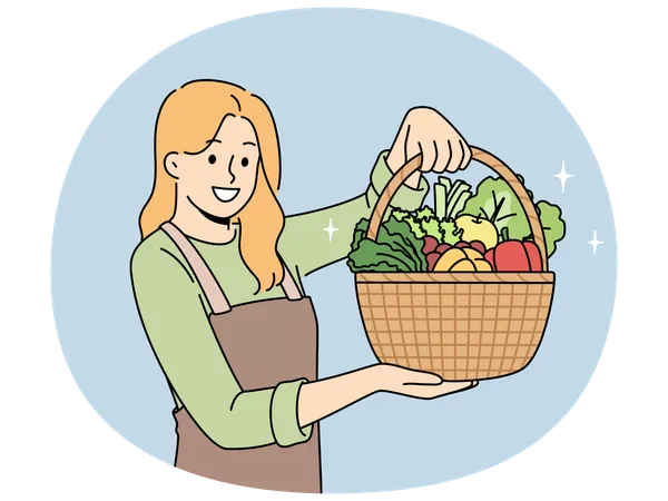 Woman farmer with basket full of vegetables recommends eating natural organic food  Illustration