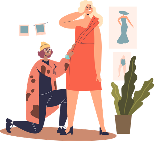 Woman fashion designer fitting dress on client Illustration