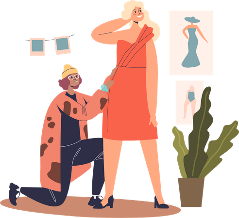 Woman fashion designer fitting dress on client  Illustration