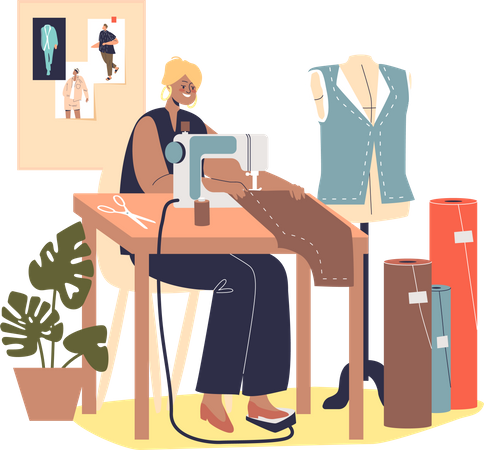 Woman fashion designer work on sewing machine dressmaking clothes in workshop atelier  Illustration