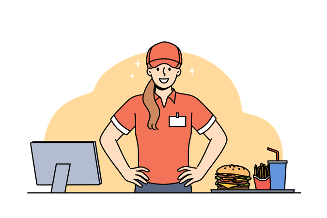 Woman fast food cafe worker stands near cash register with monitor and tray with burger and drinks  Illustration