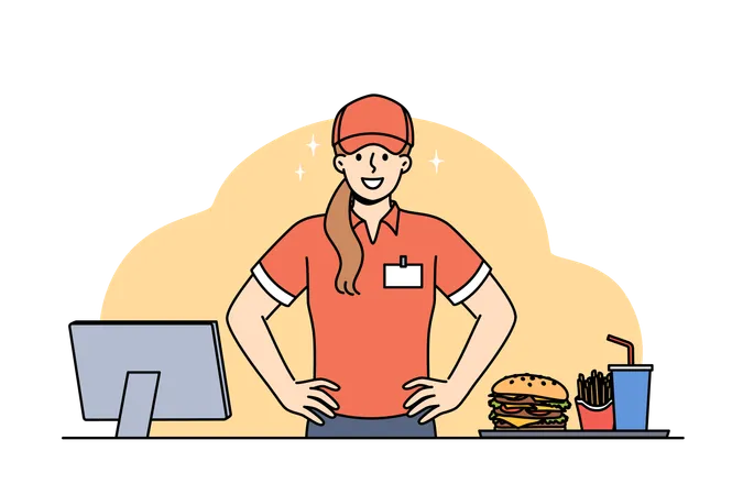 Woman fast food cafe worker stands near cash register with monitor and tray with burger and drinks  Illustration