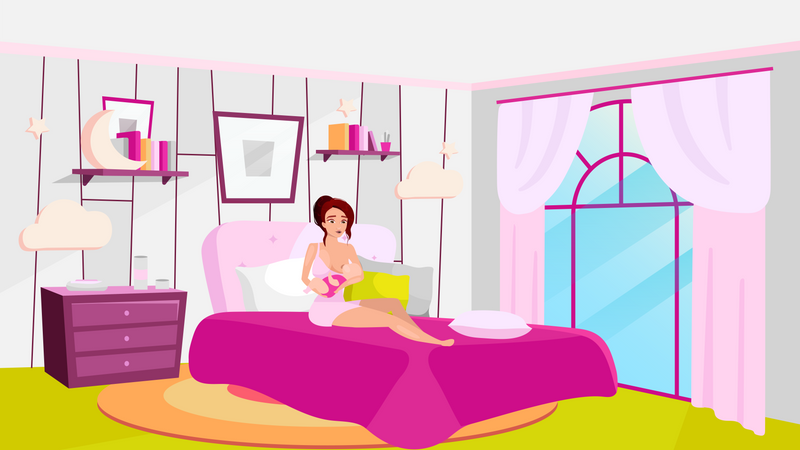 Woman feeding baby from breast at home  イラスト