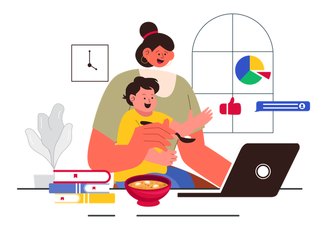 Woman feeding baby while working on laptop  Illustration