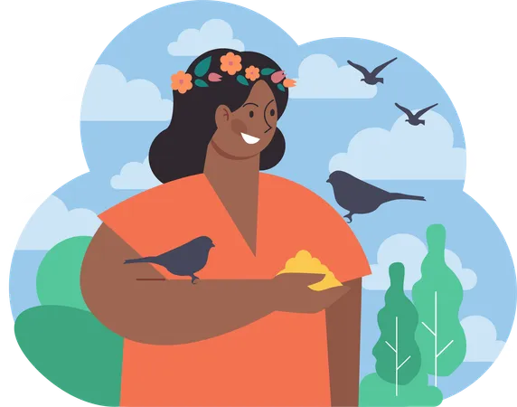 Woman feeding birds  Illustration