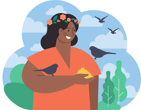 Woman feeding birds  イラスト