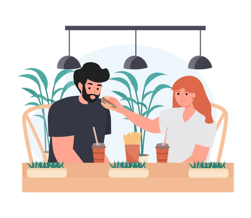 Woman Feeding Burger To Man  Illustration